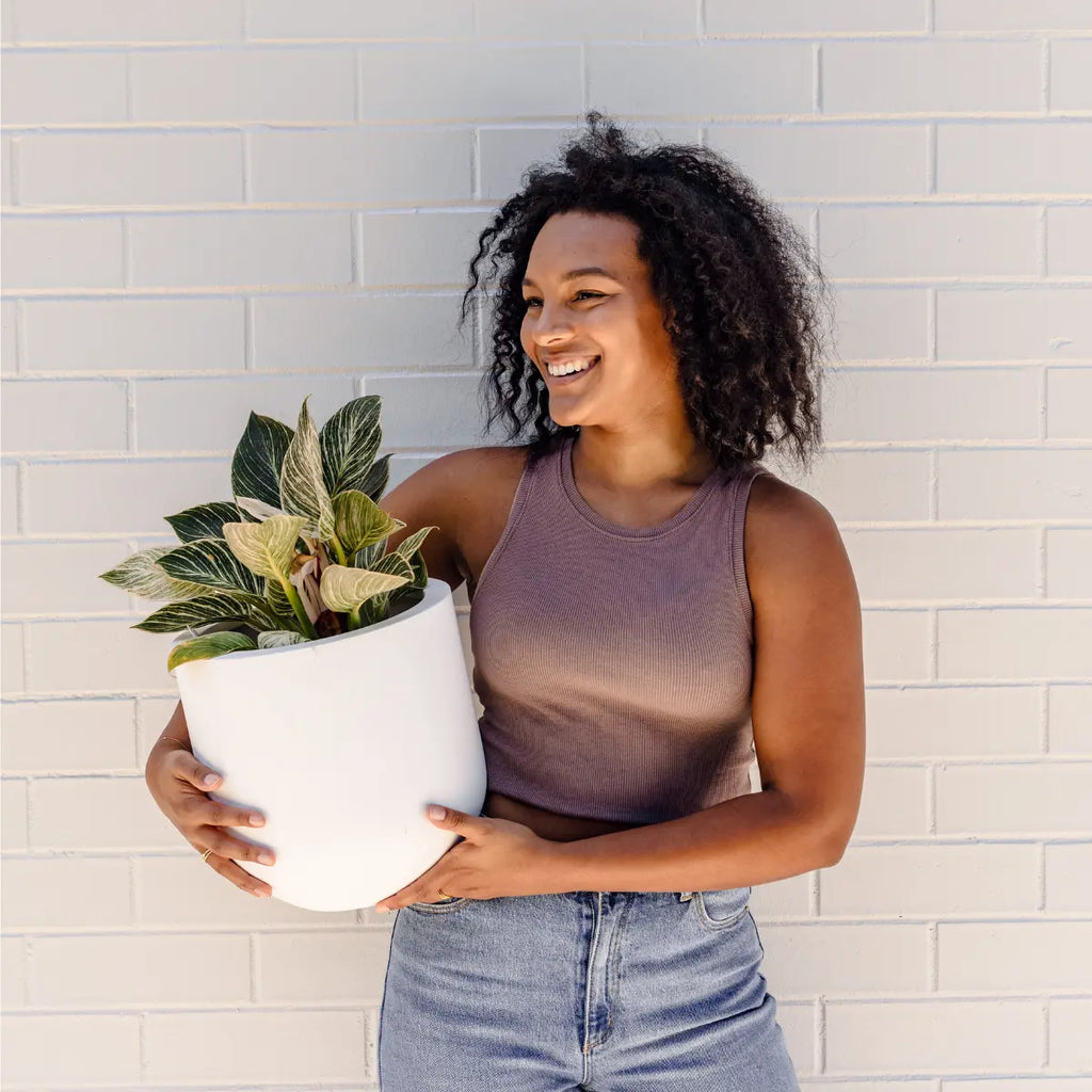 Woman in london holding garden pot